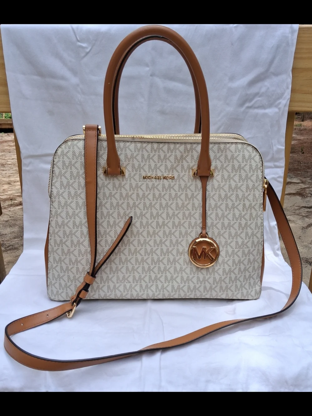 Michael Kors Beige Signature MK Satchel with Acorn Trim